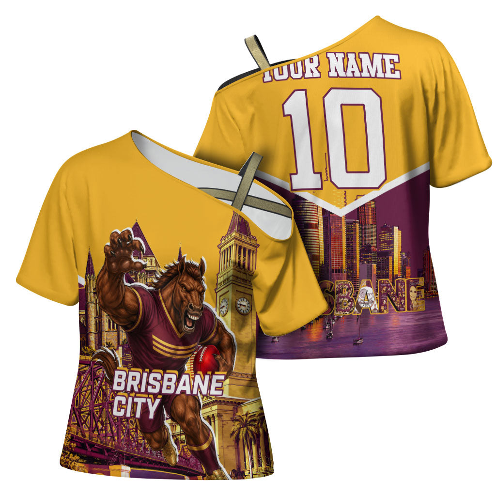 Personalised Brisbane City Rugby Cross Shoulder Shirt Muscular Horse Mascot Skyline Graphic