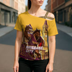 Personalised Brisbane City Rugby Cross Shoulder Shirt Muscular Horse Mascot Skyline Graphic