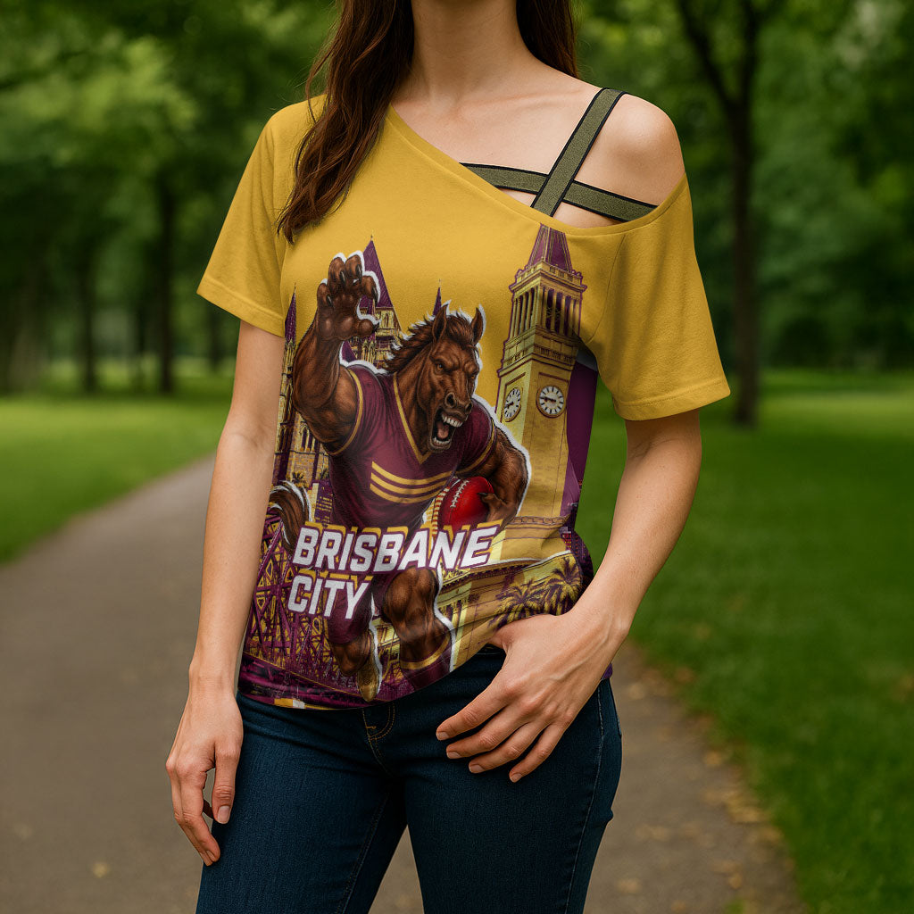 Personalised Brisbane City Rugby Cross Shoulder Shirt Muscular Horse Mascot Skyline Graphic