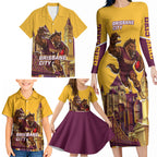 Personalised Brisbane City Rugby Family Matching Long Sleeve Bodycon Dress and Hawaiian Shirt Muscular Horse Mascot Skyline Graphic