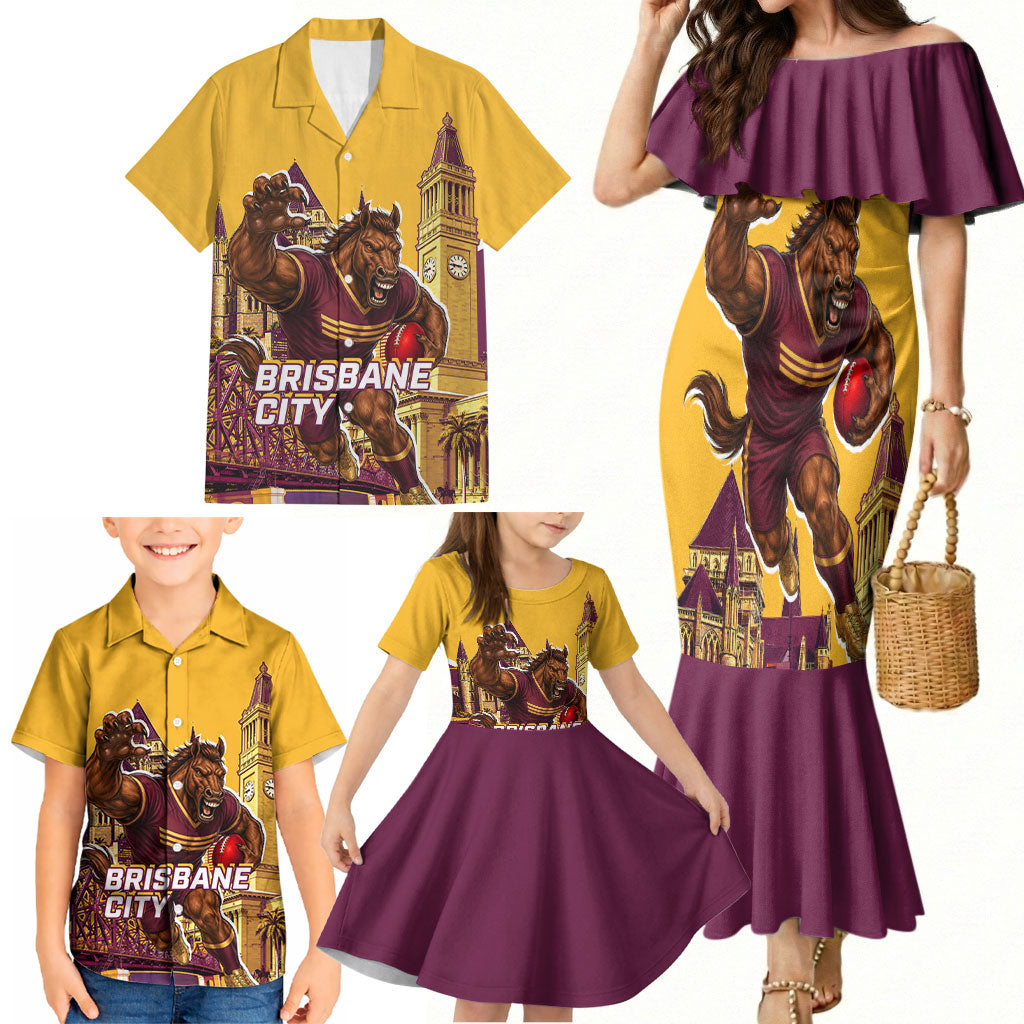 Personalised Brisbane City Rugby Family Matching Mermaid Dress and Hawaiian Shirt Muscular Horse Mascot Skyline Graphic