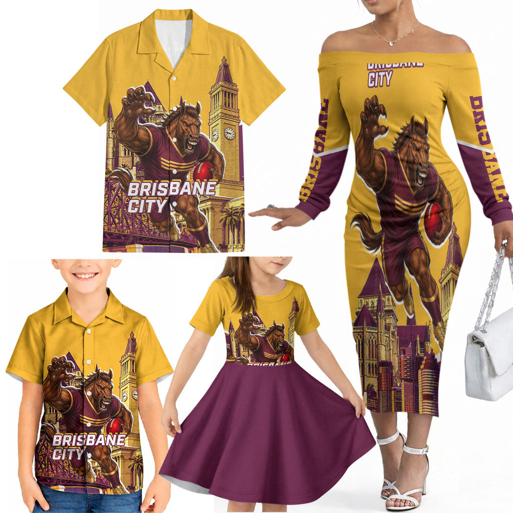 Personalised Brisbane City Rugby Family Matching Off The Shoulder Long Sleeve Dress and Hawaiian Shirt Muscular Horse Mascot Skyline Graphic
