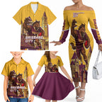 Personalised Brisbane City Rugby Family Matching Off The Shoulder Long Sleeve Dress and Hawaiian Shirt Muscular Horse Mascot Skyline Graphic