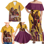 Personalised Brisbane City Rugby Family Matching Off Shoulder Maxi Dress and Hawaiian Shirt Muscular Horse Mascot Skyline Graphic