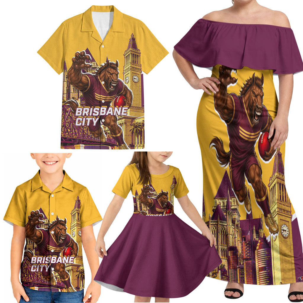 Personalised Brisbane City Rugby Family Matching Off Shoulder Maxi Dress and Hawaiian Shirt Muscular Horse Mascot Skyline Graphic