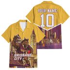 Personalised Brisbane City Rugby Family Matching Off Shoulder Maxi Dress and Hawaiian Shirt Muscular Horse Mascot Skyline Graphic