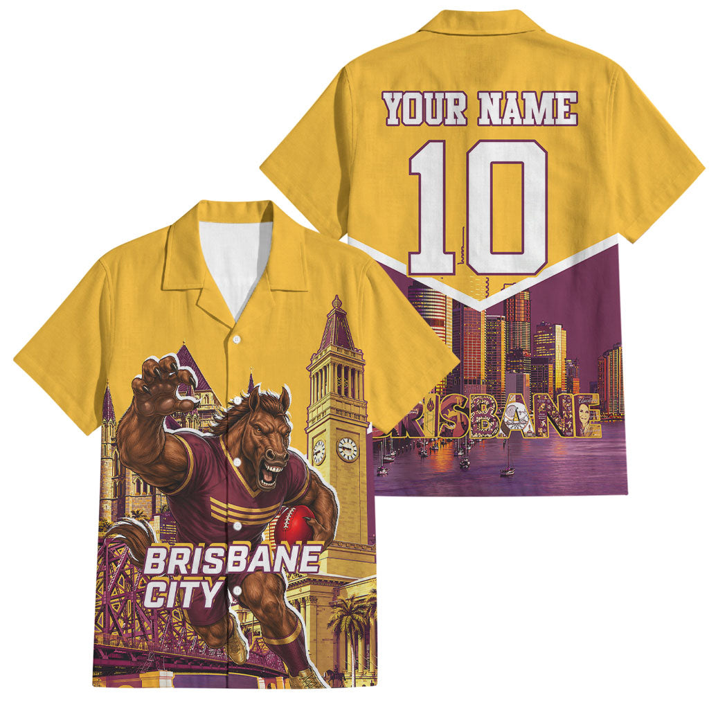 Personalised Brisbane City Rugby Family Matching Off Shoulder Maxi Dress and Hawaiian Shirt Muscular Horse Mascot Skyline Graphic