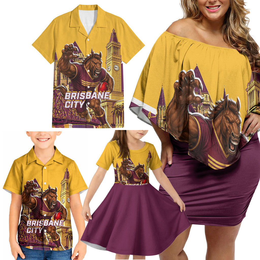 Personalised Brisbane City Rugby Family Matching Off Shoulder Short Dress and Hawaiian Shirt Muscular Horse Mascot Skyline Graphic