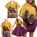 Personalised Brisbane City Rugby Family Matching Off Shoulder Short Dress and Hawaiian Shirt Muscular Horse Mascot Skyline Graphic