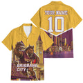 Personalised Brisbane City Rugby Family Matching Off Shoulder Short Dress and Hawaiian Shirt Muscular Horse Mascot Skyline Graphic