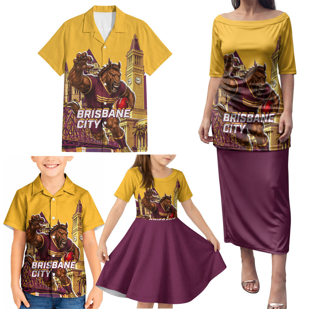 Personalised Brisbane City Rugby Family Matching Puletasi and Hawaiian Shirt Muscular Horse Mascot Skyline Graphic