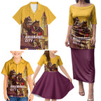 Personalised Brisbane City Rugby Family Matching Puletasi and Hawaiian Shirt Muscular Horse Mascot Skyline Graphic