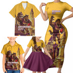 Personalised Brisbane City Rugby Family Matching Short Sleeve Bodycon Dress and Hawaiian Shirt Muscular Horse Mascot Skyline Graphic