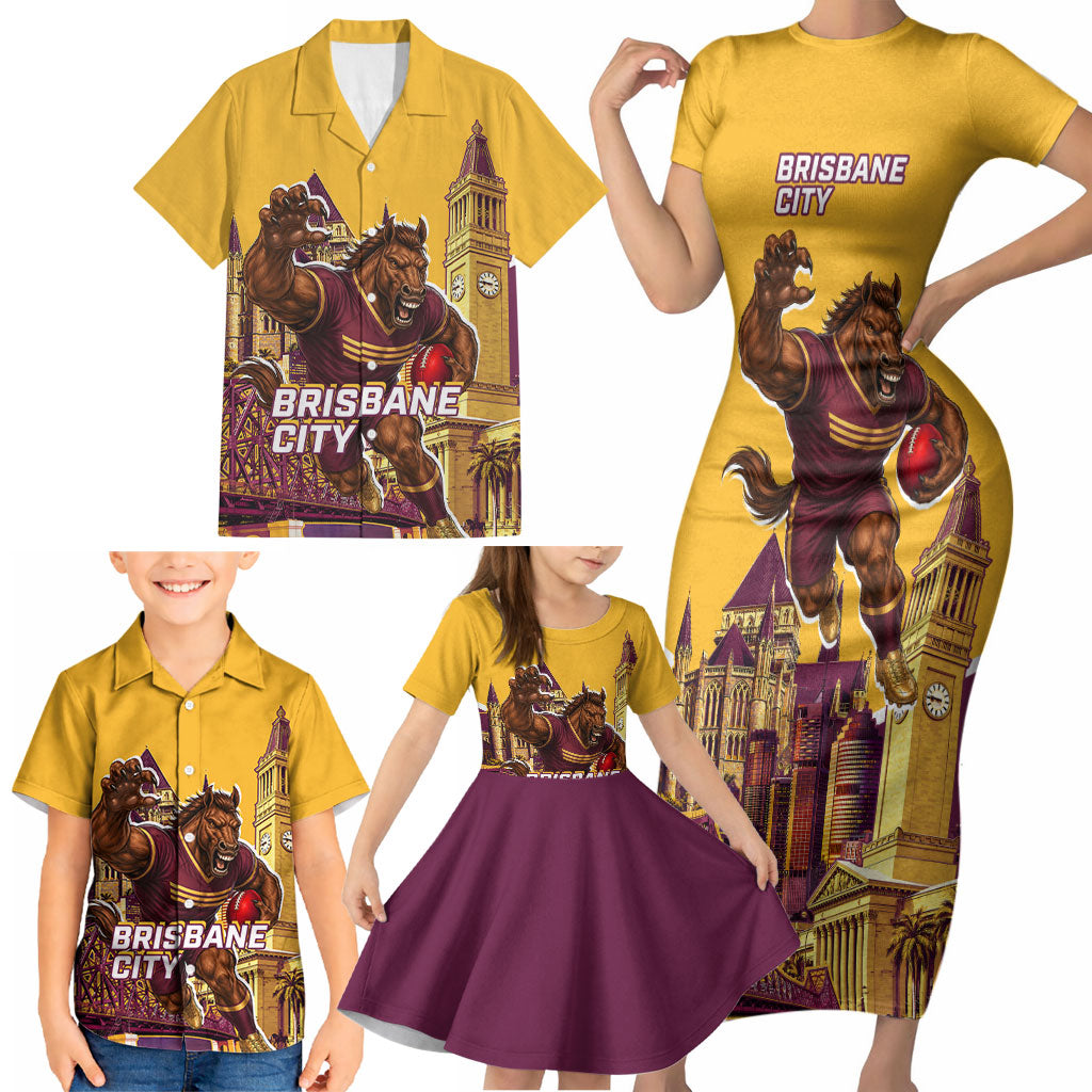 Personalised Brisbane City Rugby Family Matching Short Sleeve Bodycon Dress and Hawaiian Shirt Muscular Horse Mascot Skyline Graphic