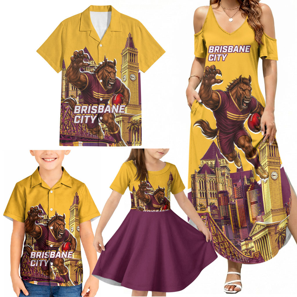 Personalised Brisbane City Rugby Family Matching Summer Maxi Dress and Hawaiian Shirt Muscular Horse Mascot Skyline Graphic