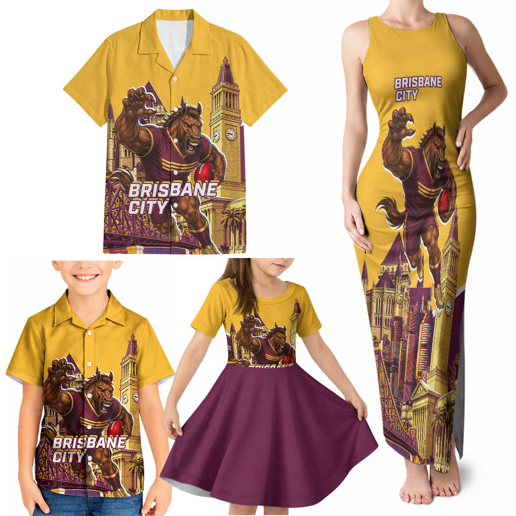 Personalised Brisbane City Rugby Family Matching Tank Maxi Dress and Hawaiian Shirt Muscular Horse Mascot Skyline Graphic