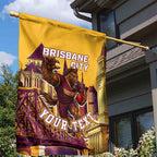 Personalised Brisbane City Rugby Garden Flag Muscular Horse Mascot Skyline Graphic