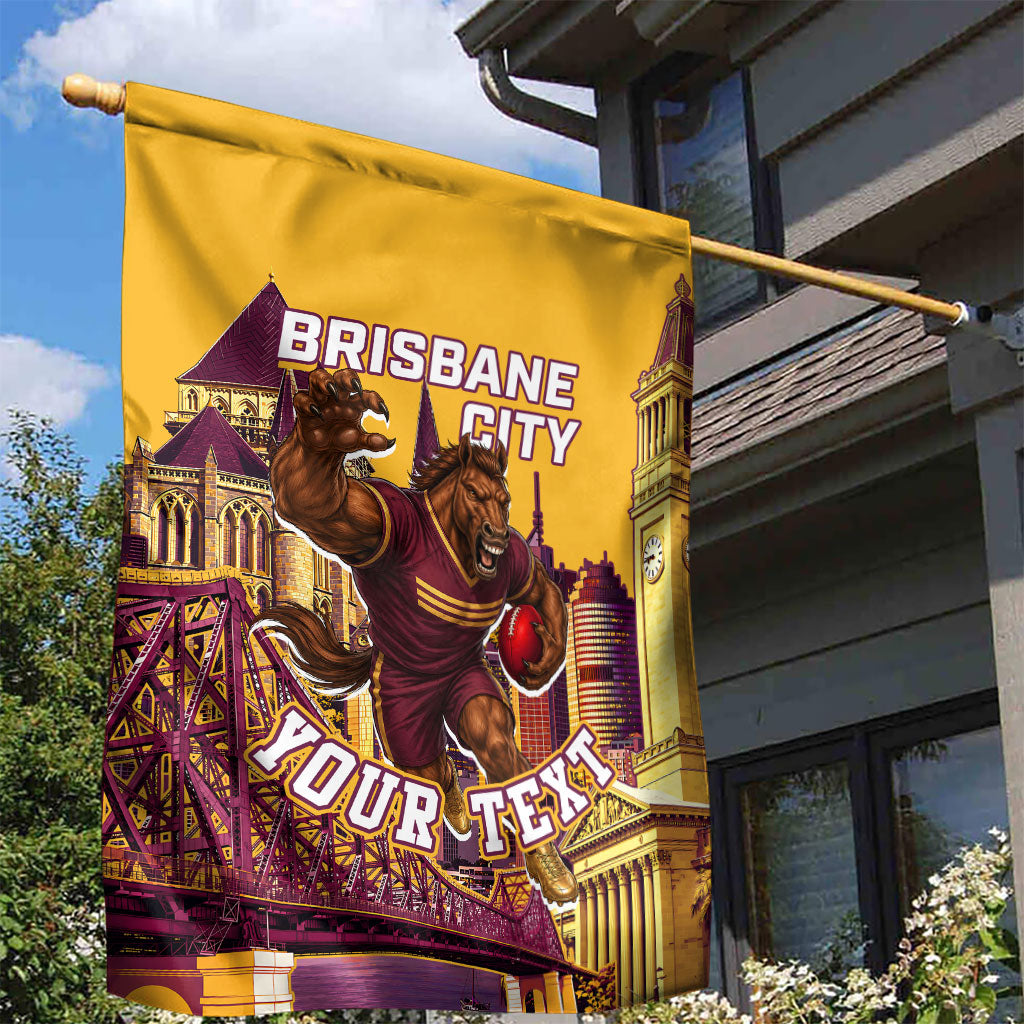 Personalised Brisbane City Rugby Garden Flag Muscular Horse Mascot Skyline Graphic