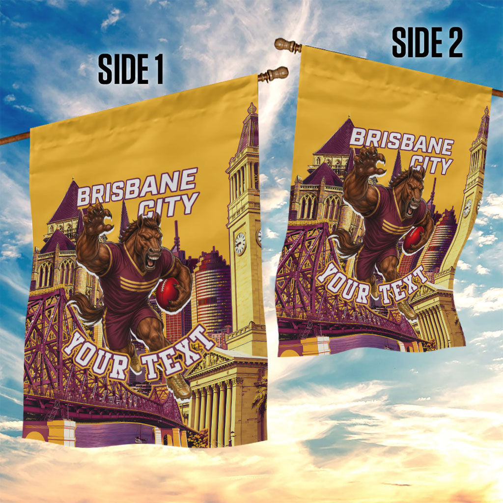 Personalised Brisbane City Rugby Garden Flag Muscular Horse Mascot Skyline Graphic