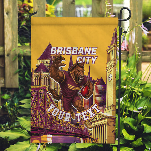 Personalised Brisbane City Rugby Garden Flag Muscular Horse Mascot Skyline Graphic