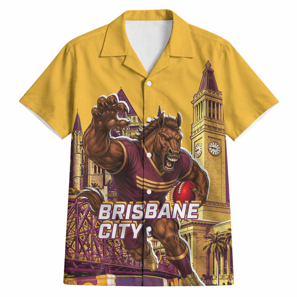 Personalised Brisbane City Rugby Hawaiian Shirt Muscular Horse Mascot Skyline Graphic