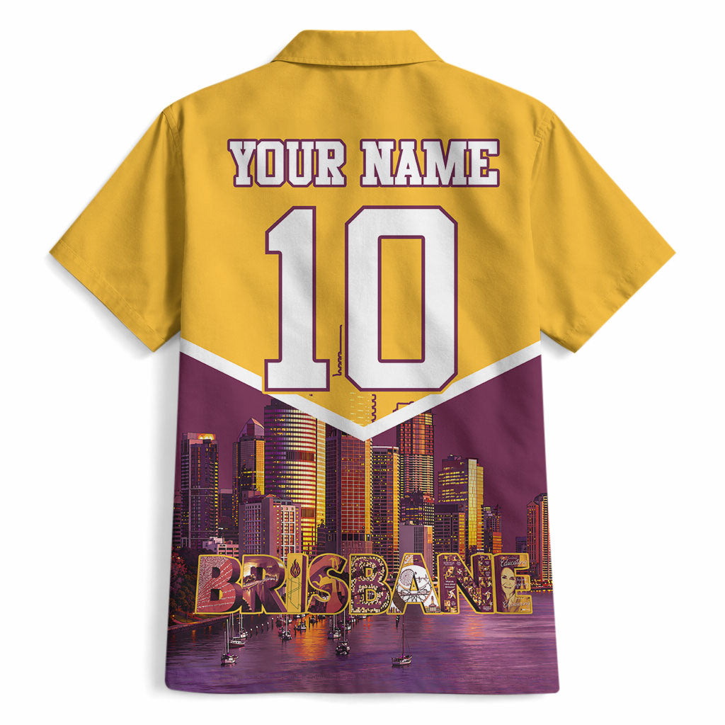 Personalised Brisbane City Rugby Hawaiian Shirt Muscular Horse Mascot Skyline Graphic