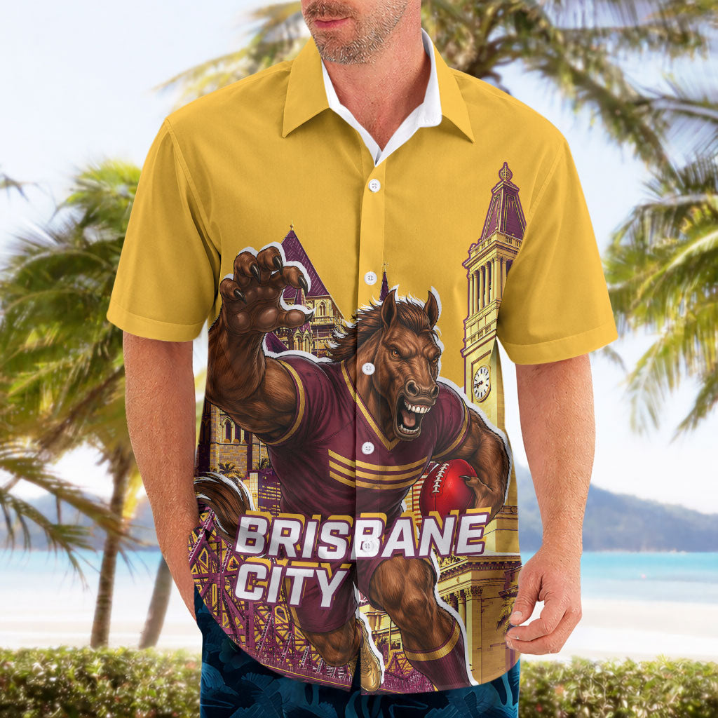 Personalised Brisbane City Rugby Hawaiian Shirt Muscular Horse Mascot Skyline Graphic