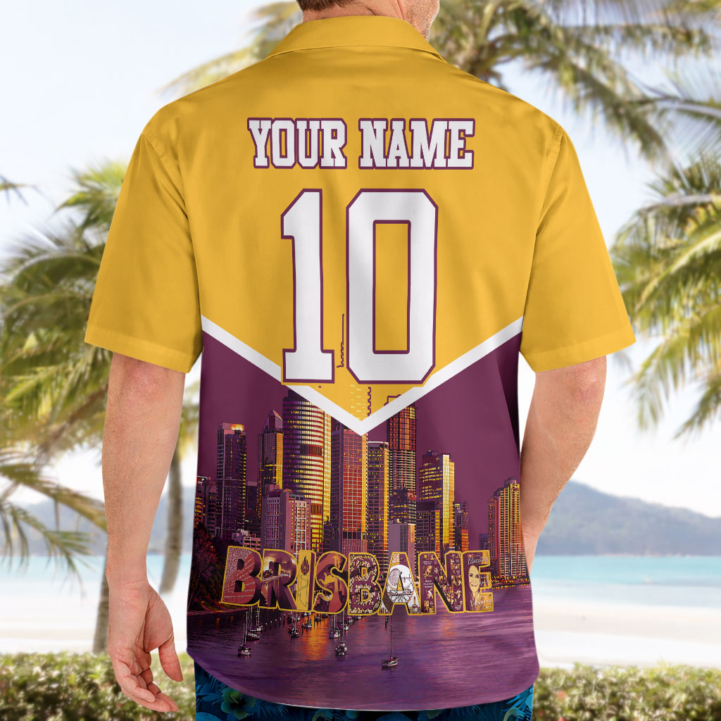 Personalised Brisbane City Rugby Hawaiian Shirt Muscular Horse Mascot Skyline Graphic