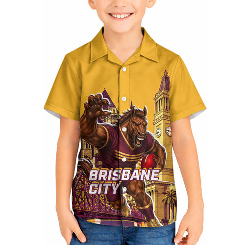 Personalised Brisbane City Rugby Hawaiian Shirt Muscular Horse Mascot Skyline Graphic