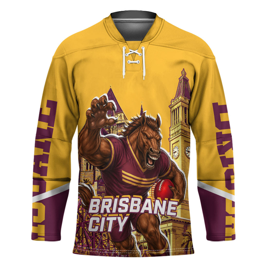 Personalised Brisbane City Rugby Hockey Jersey Muscular Horse Mascot Skyline Graphic