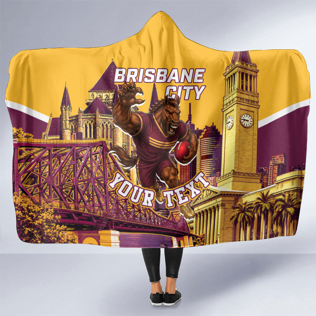 Personalised Brisbane City Rugby Hooded Blanket Muscular Horse Mascot Skyline Graphic