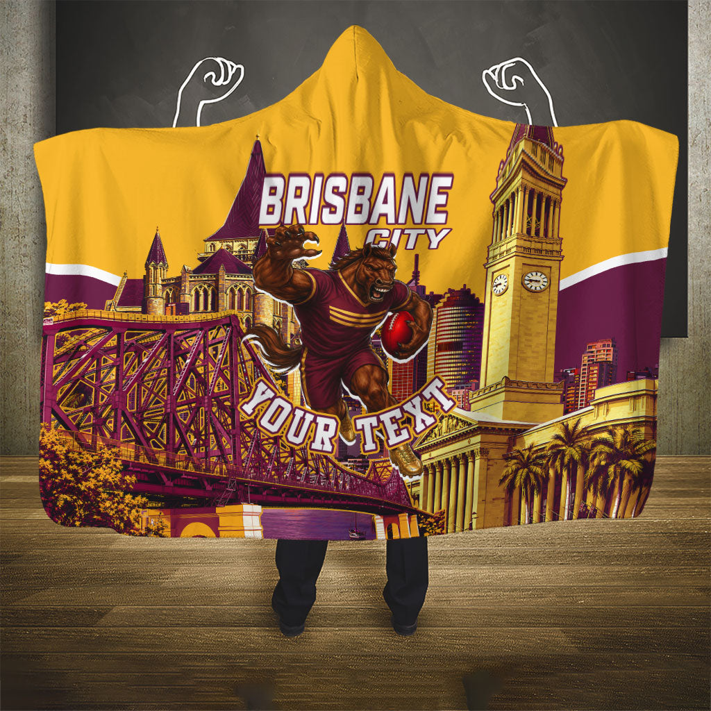 Personalised Brisbane City Rugby Hooded Blanket Muscular Horse Mascot Skyline Graphic