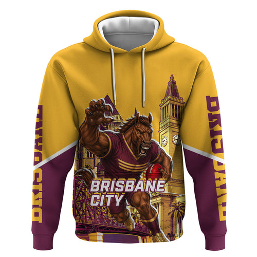 Personalised Brisbane City Rugby Hoodie Muscular Horse Mascot Skyline Graphic