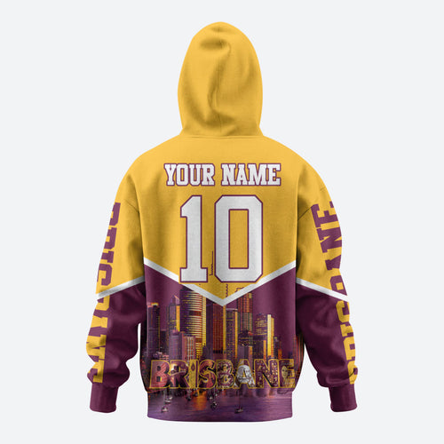 Personalised Brisbane City Rugby Hoodie Muscular Horse Mascot Skyline Graphic