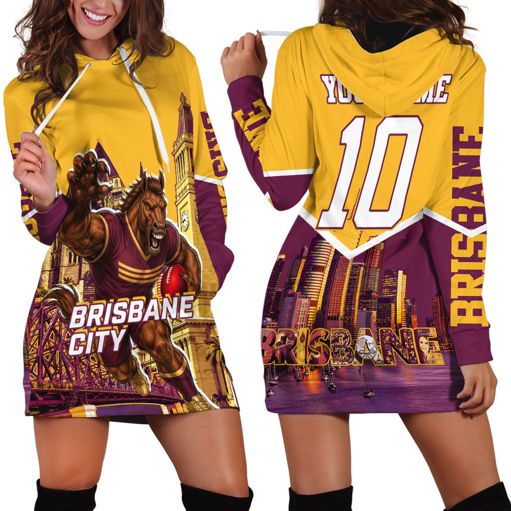 Personalised Brisbane City Rugby Hoodie Dress Muscular Horse Mascot Skyline Graphic