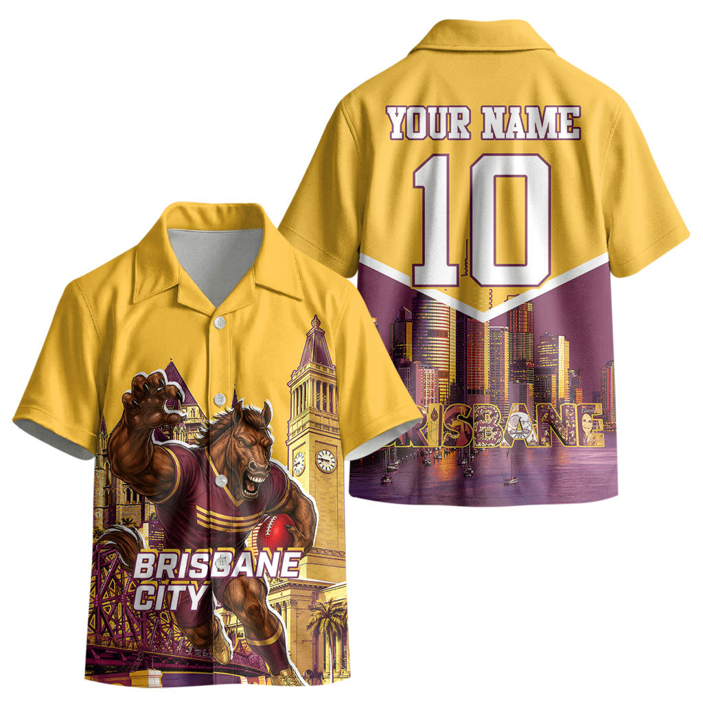 Personalised Brisbane City Rugby Kid Hawaiian Shirt Muscular Horse Mascot Skyline Graphic