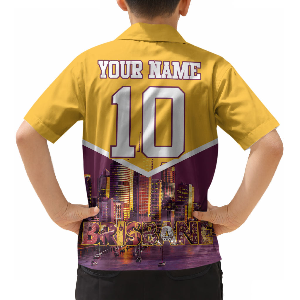 Personalised Brisbane City Rugby Kid Hawaiian Shirt Muscular Horse Mascot Skyline Graphic