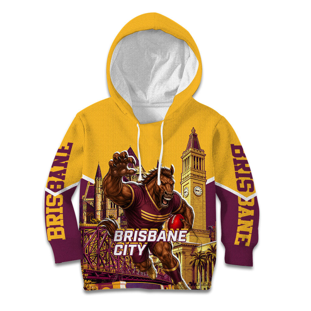 Personalised Brisbane City Rugby Kid Hoodie Muscular Horse Mascot Skyline Graphic