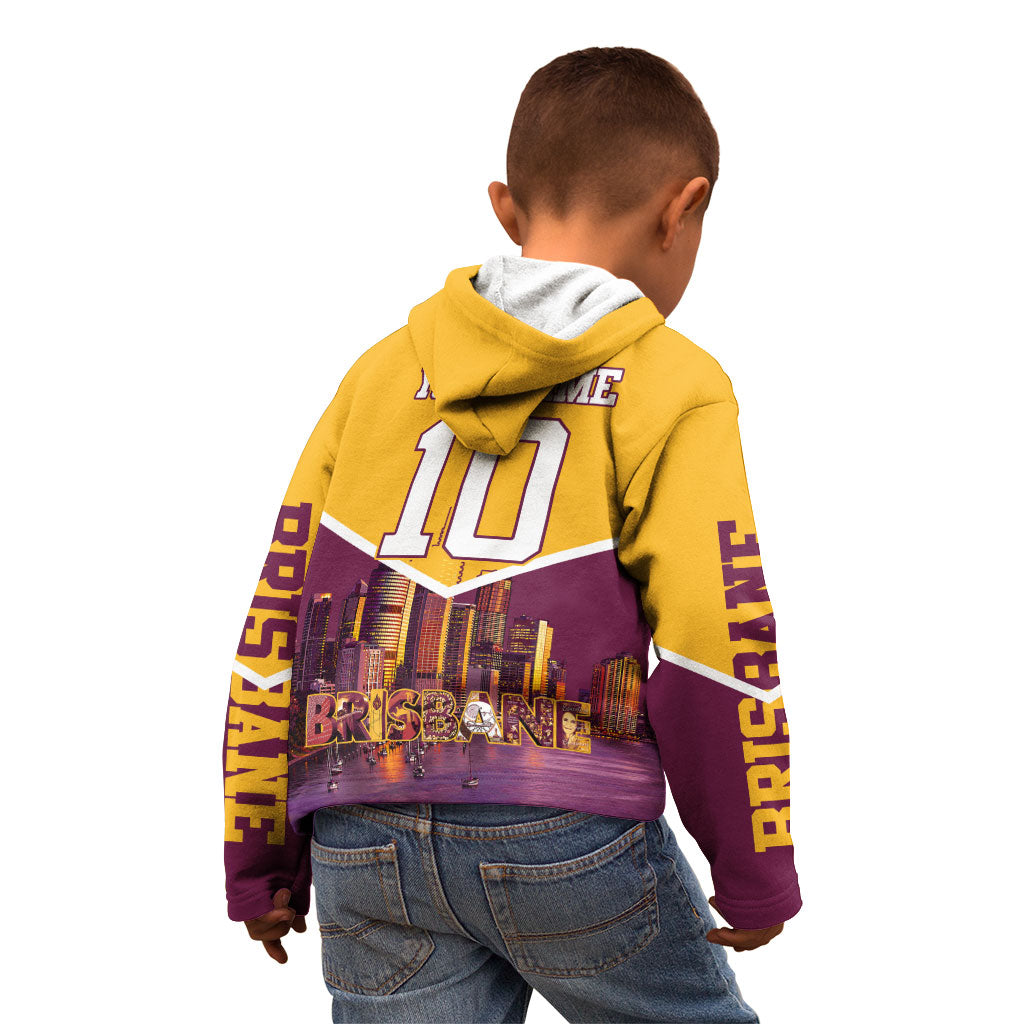 Personalised Brisbane City Rugby Kid Hoodie Muscular Horse Mascot Skyline Graphic