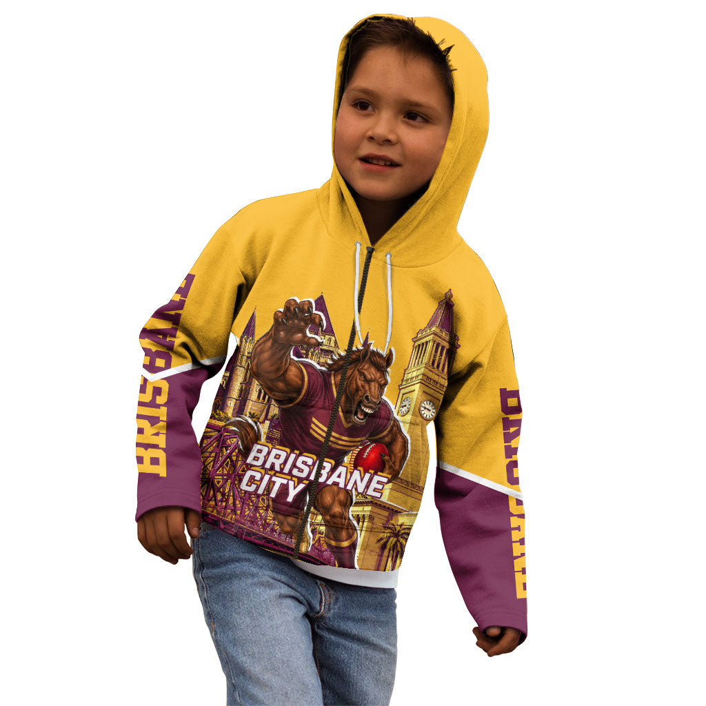 Personalised Brisbane City Rugby Kid Hoodie Muscular Horse Mascot Skyline Graphic