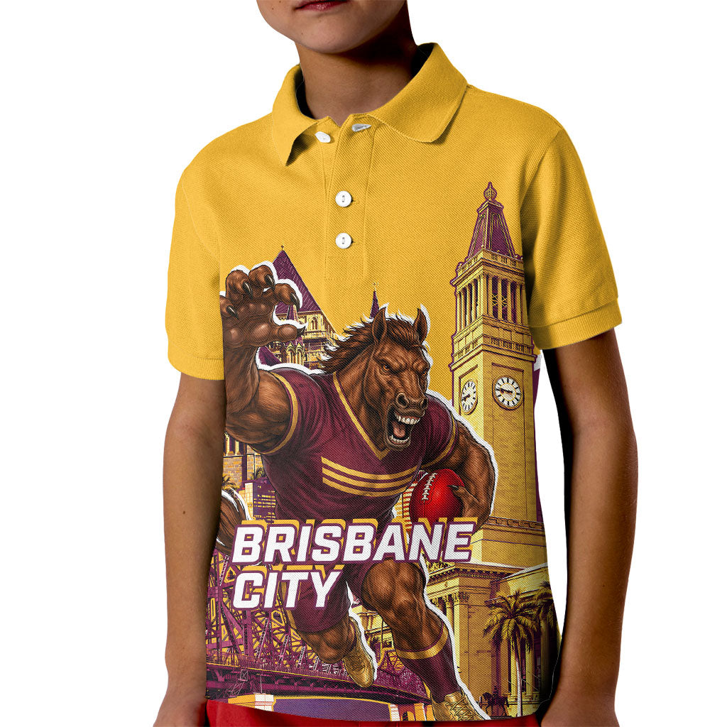 Personalised Brisbane City Rugby Kid Polo Shirt Muscular Horse Mascot Skyline Graphic