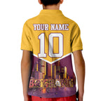 Personalised Brisbane City Rugby Kid Polo Shirt Muscular Horse Mascot Skyline Graphic