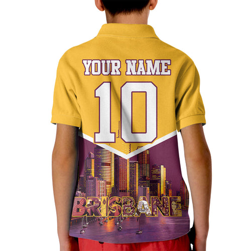 Personalised Brisbane City Rugby Kid Polo Shirt Muscular Horse Mascot Skyline Graphic
