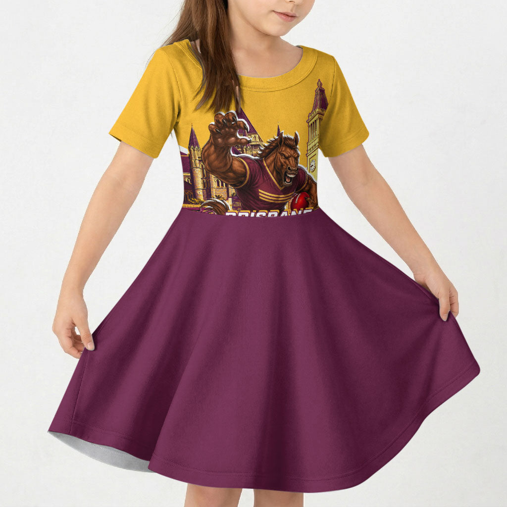 Personalised Brisbane City Rugby Kid Short Sleeve Dress Muscular Horse Mascot Skyline Graphic