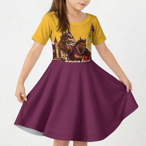 Personalised Brisbane City Rugby Kid Short Sleeve Dress Muscular Horse Mascot Skyline Graphic