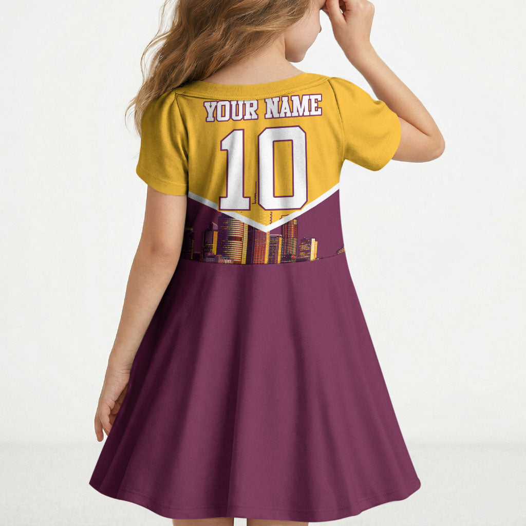 Personalised Brisbane City Rugby Kid Short Sleeve Dress Muscular Horse Mascot Skyline Graphic