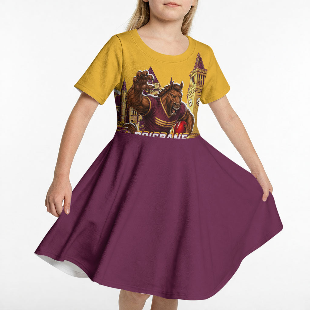 Personalised Brisbane City Rugby Kid Short Sleeve Dress Muscular Horse Mascot Skyline Graphic