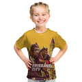 Personalised Brisbane City Rugby Kid T Shirt Muscular Horse Mascot Skyline Graphic