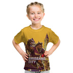 Personalised Brisbane City Rugby Kid T Shirt Muscular Horse Mascot Skyline Graphic