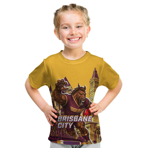 Personalised Brisbane City Rugby Kid T Shirt Muscular Horse Mascot Skyline Graphic